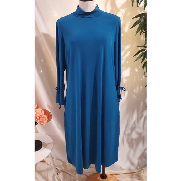 Susan Graver Liquid Knit Mock Neck Stretch Dress Size L Teal Blue Pockets Travel - Picture 1 of 11